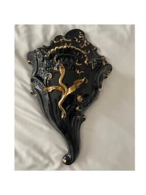 vintage ceramic wall pocket vase balck with gold detail